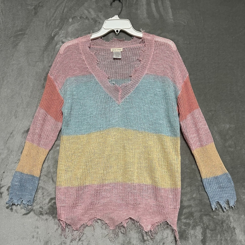 Main Strip Distressed V Neck Sweater Womens S Pink Colorblock Oversized Boho - Picture 1 of 5